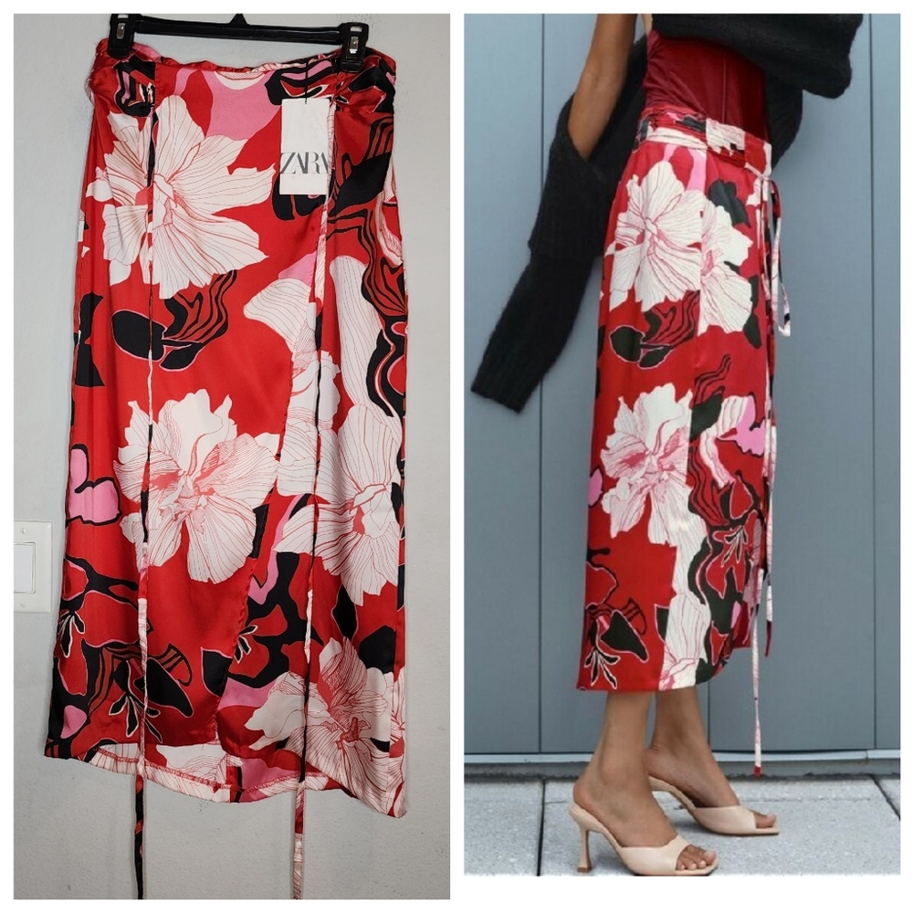 Zara Red Floral Midi Wrap Skirt with Pink & Black Accents